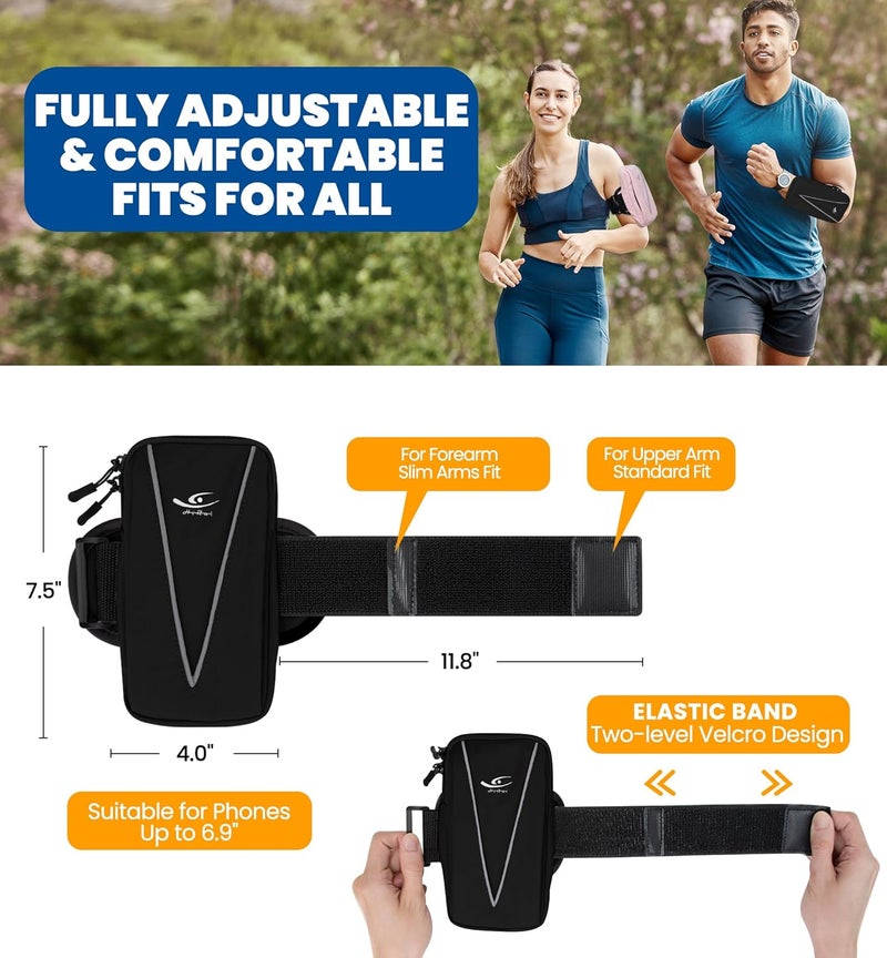 HiRui Cell Phone Holder Arm Bag & Wrist Bag for Phone, Sports Running Armband for Gym & Cycling, Compatible with iPhone 16/16Pro/Plus/15/14 Samsung Galaxy All Phones, Reflective & Adjustable (Black) - Image 4